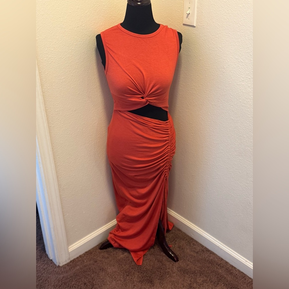 2 FOR $25 Orange Cut Out Knot Front Ruched Midi Dress Stretchy Size S M - Picture 2 of 8